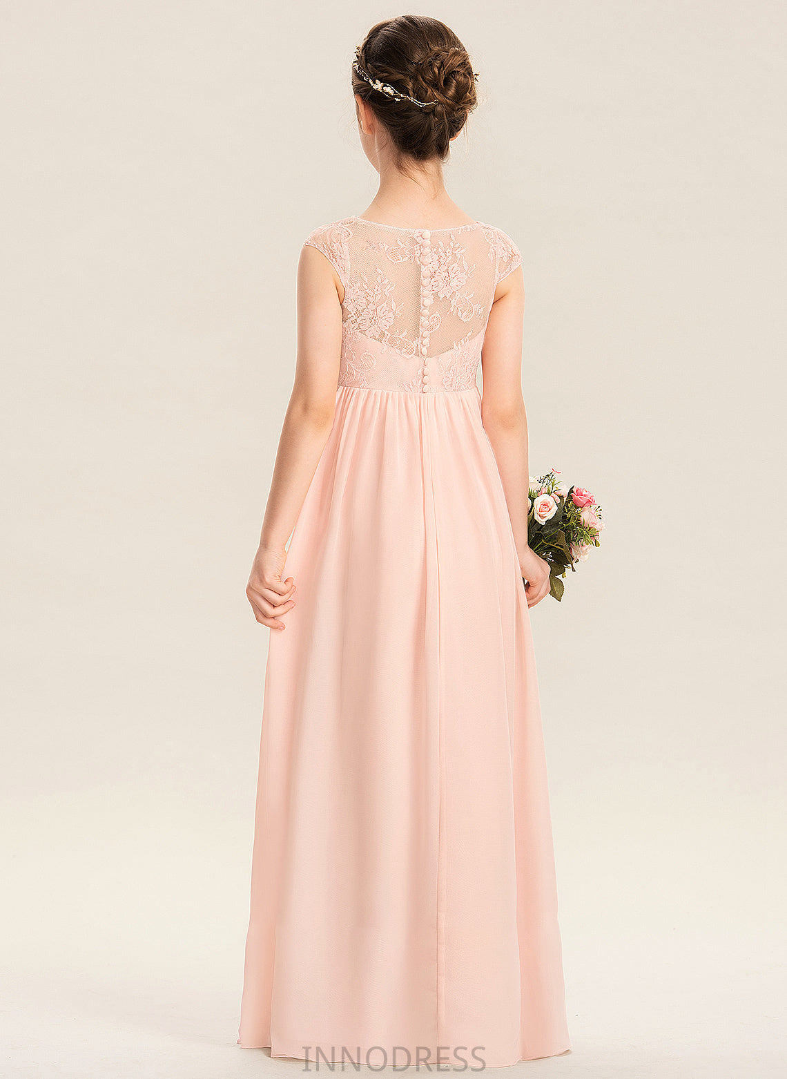 Savanah V-neck Ruffle Junior Bridesmaid Dresses Chiffon With Lace Floor-Length A-Line