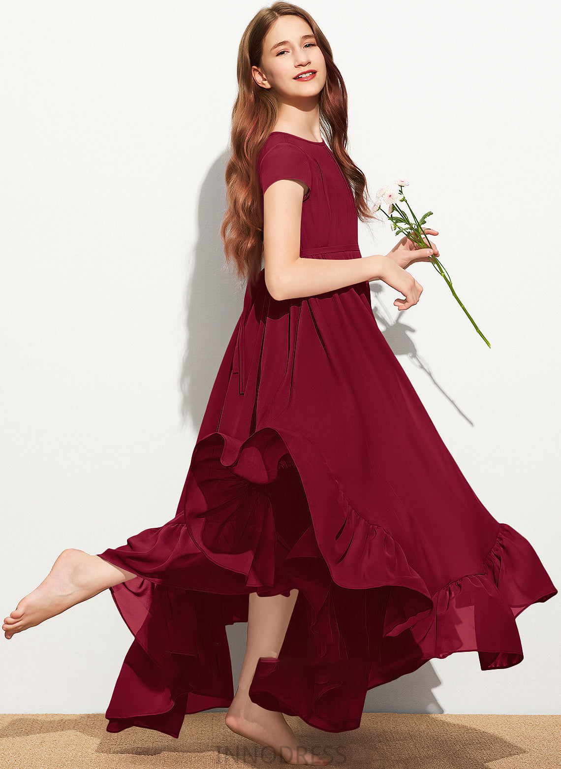 Floor-Length Shelby With Junior Bridesmaid Dresses Neck Lace Appliques Bow(s) A-Line Scoop Chiffon Ruffles Cascading