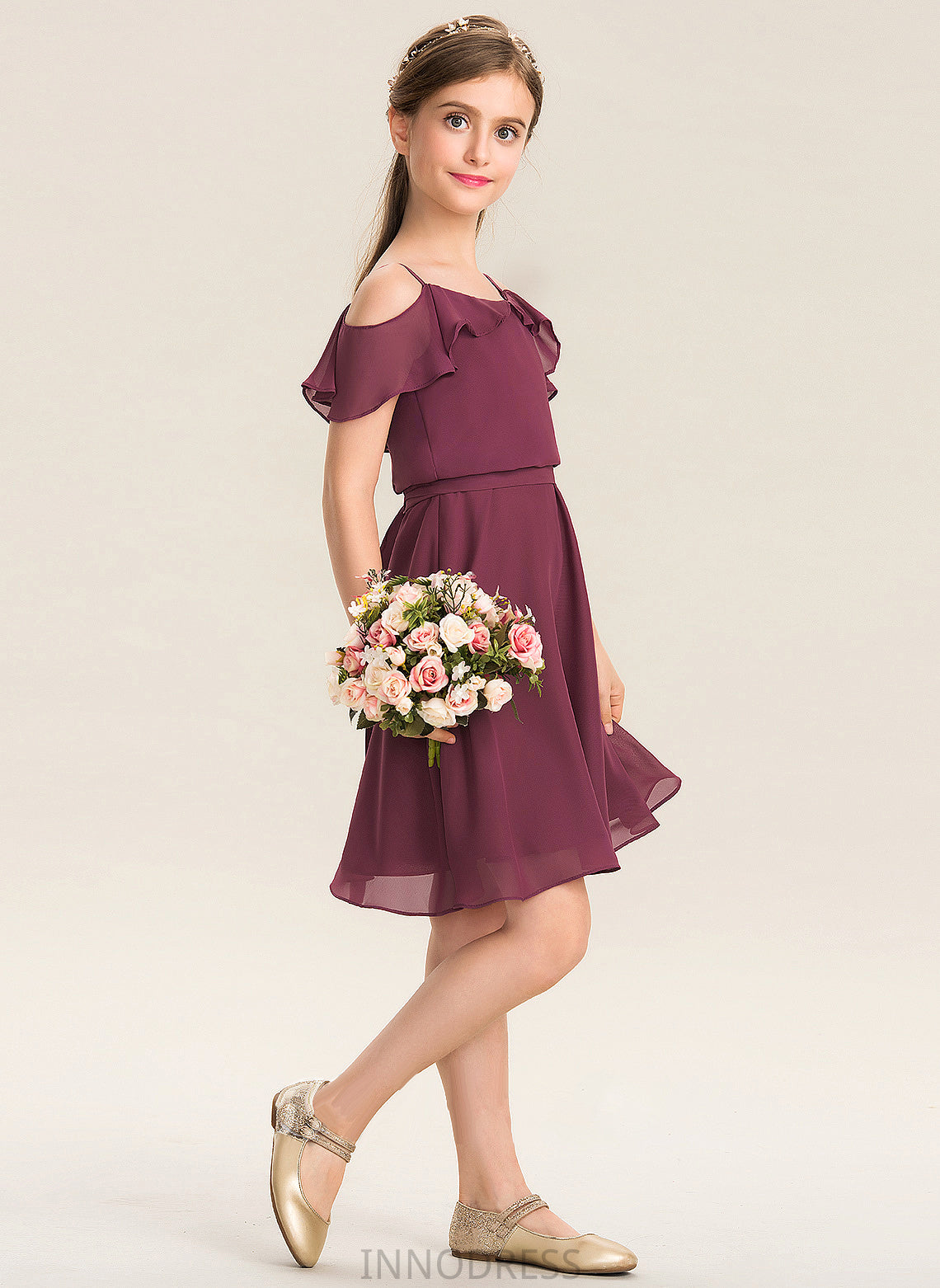 With Chiffon Junior Bridesmaid Dresses Kinsley Knee-Length A-Line Bow(s) Cascading Ruffles Off-the-Shoulder