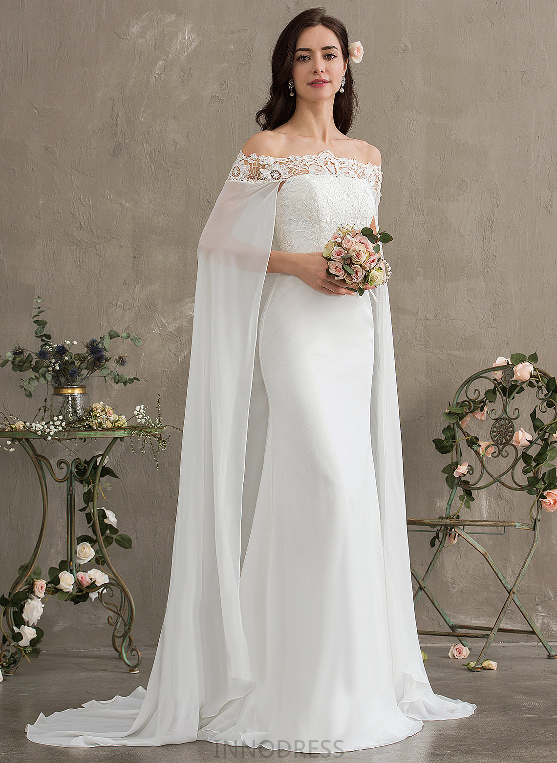 Court Wedding Dresses With Lace Dress Off-the-Shoulder Lace Wedding Chiffon Jeanie Sheath/Column Train