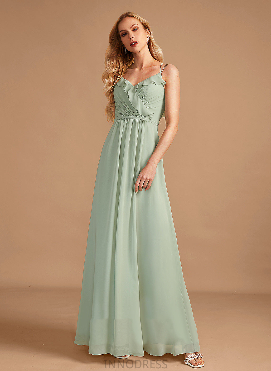 Embellishment Neckline Fabric A-Line Floor-Length Silhouette Length V-neck Ruffle Millie V-Neck Sleeveless Bridesmaid Dresses