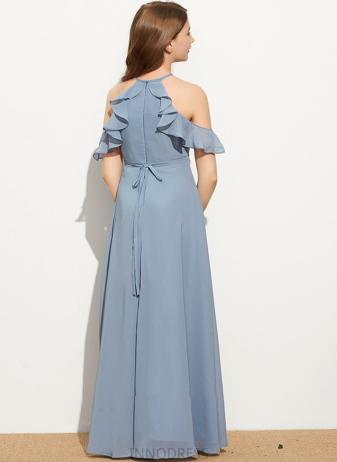 Cascading Chiffon Neck Kristen A-Line Scoop Ruffles Bow(s) With Floor-Length Junior Bridesmaid Dresses