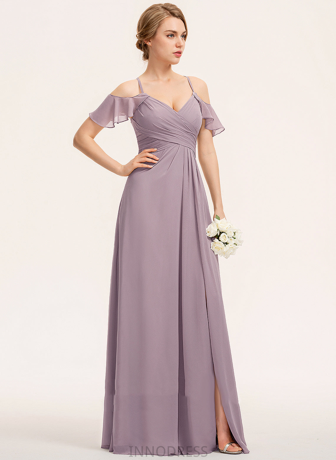 ColdShoulder Silhouette Floor-Length Neckline Length SplitFront CascadingRuffles Embellishment V-neck A-Line Fabric Ruffle Bridesmaid Dresses