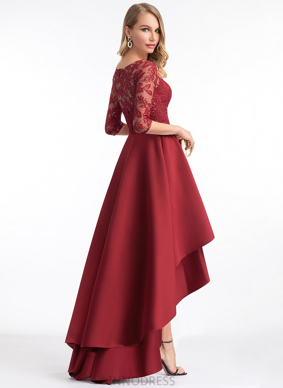 Scoop Illusion Satin A-Line With Sequins Asymmetrical Lace Paloma Prom Dresses