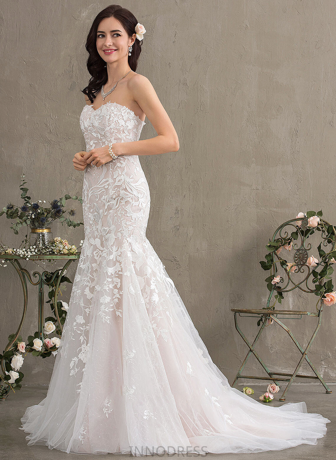 Trumpet/Mermaid Wedding Train Court Tulle Dress Sweetheart Wedding Dresses Lace Elaine