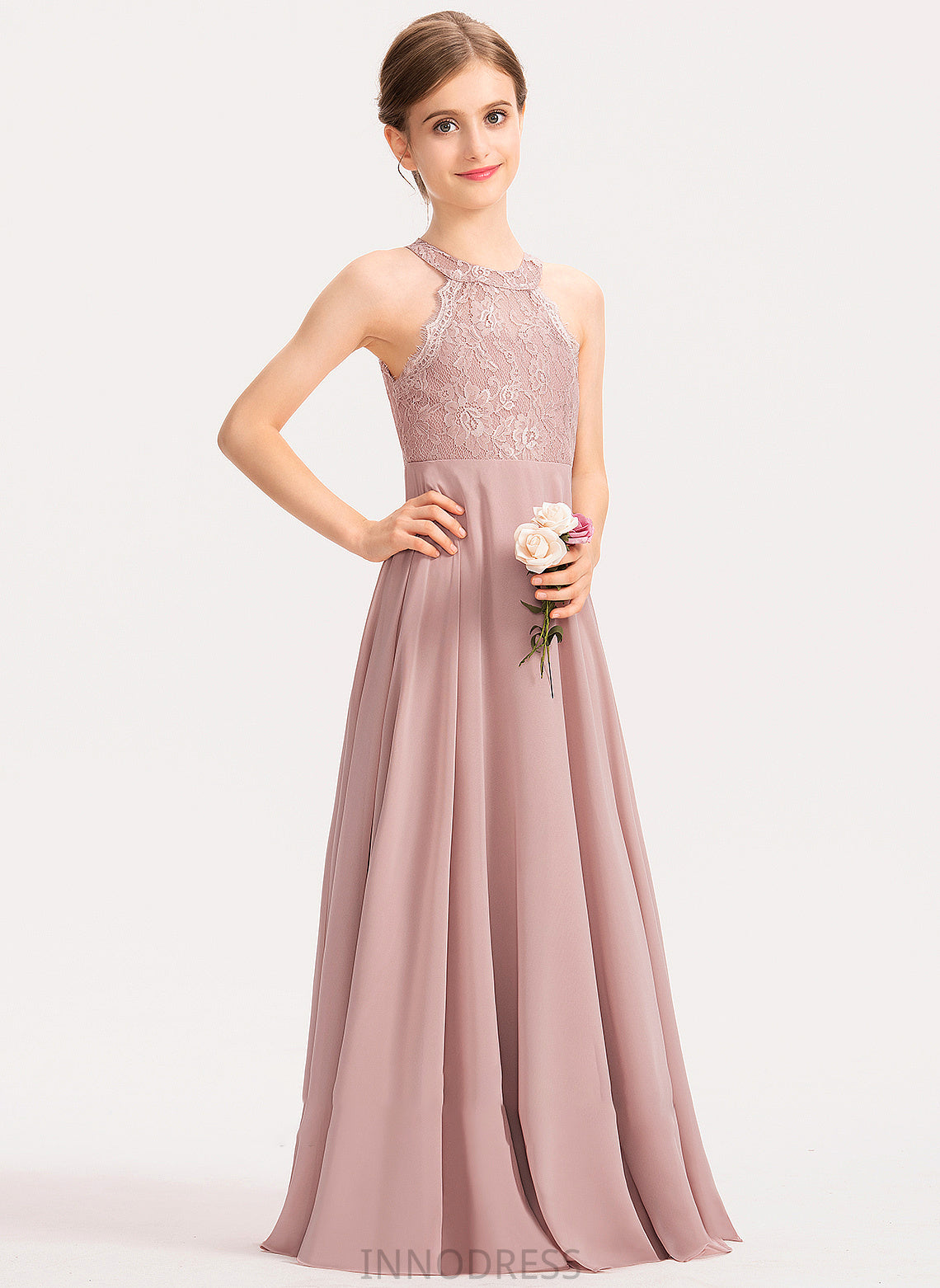 A-Line Chiffon Scoop Junior Bridesmaid Dresses Floor-Length Lace Sanai Neck