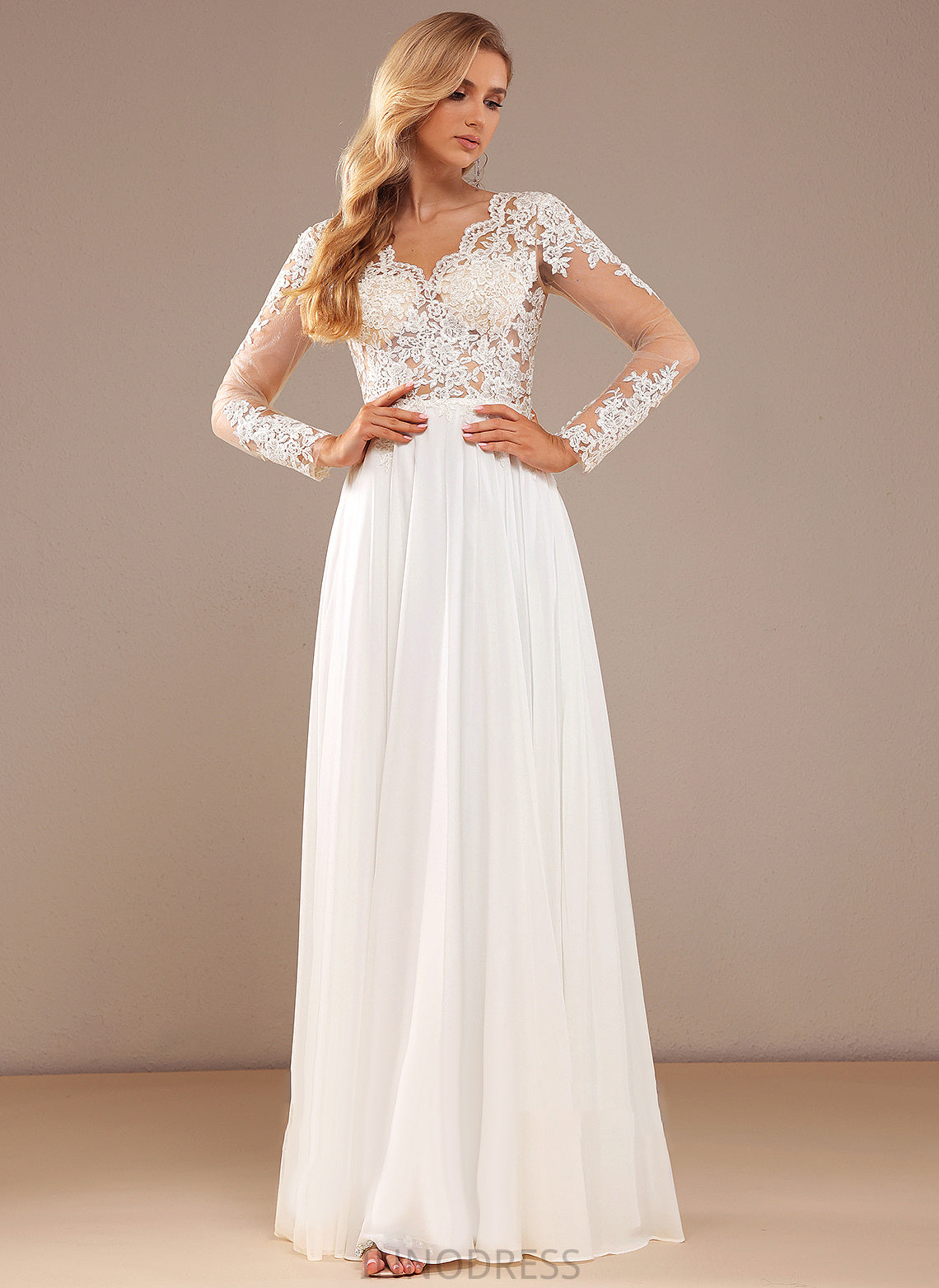 Alejandra Sequins A-Line Dress Lace V-neck Floor-Length With Chiffon Wedding Wedding Dresses