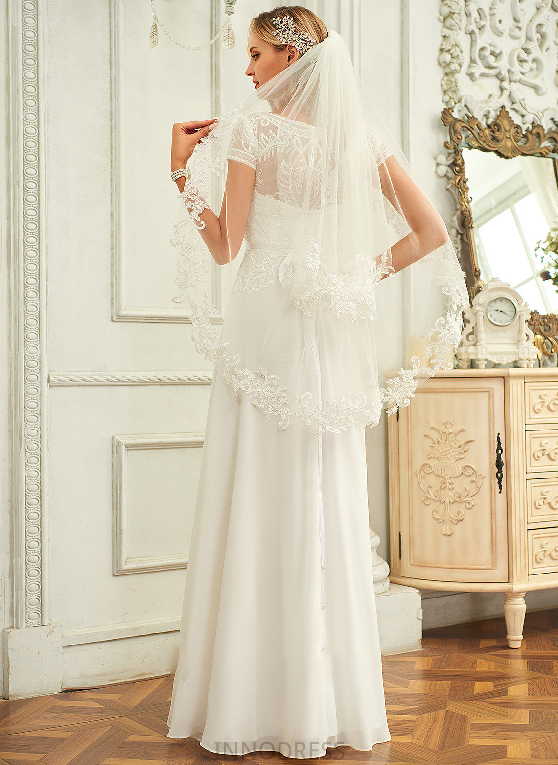 Elizabeth Sequins Neck Floor-Length Chiffon Wedding Dress With A-Line Lace Scoop Wedding Dresses