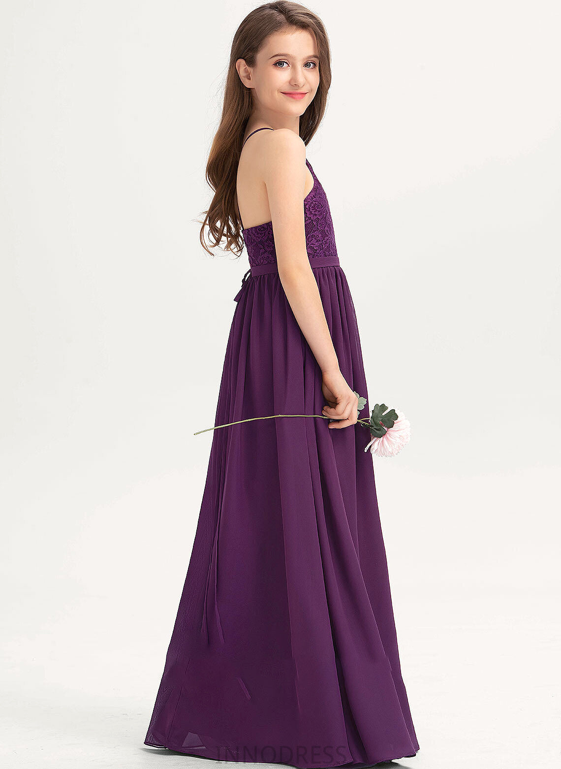 A-Line Chiffon Lace Raven With Floor-Length Square Junior Bridesmaid Dresses Neckline Bow(s)