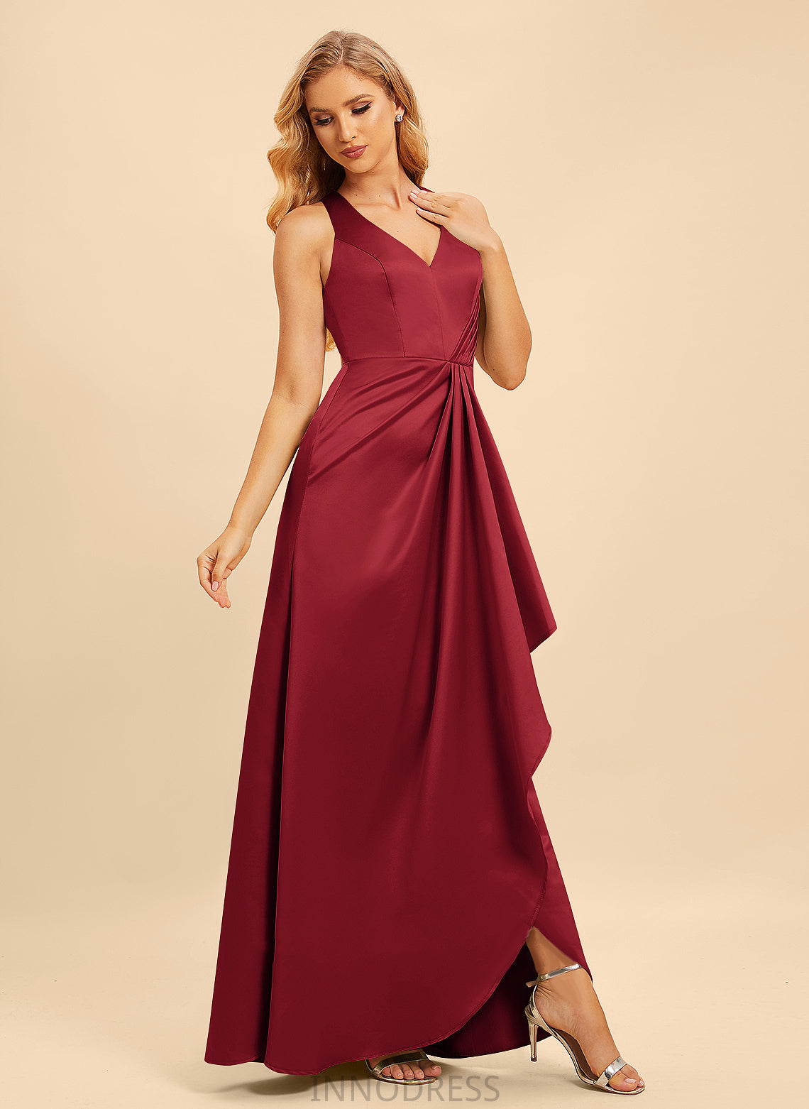 Embellishment Fabric SplitFront Floor-Length Silhouette Ruffle Neckline Length V-neck A-Line Brianna Sleeveless Bridesmaid Dresses