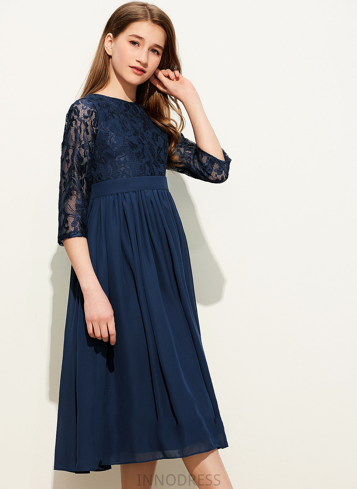 Scoop Lace Dominique Tea-Length Neck A-Line Chiffon Junior Bridesmaid Dresses