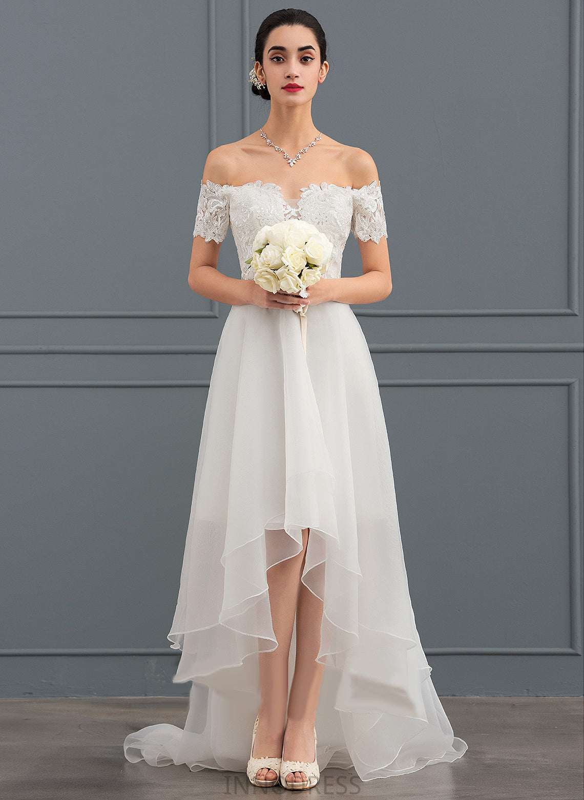 Sequins Lace A-Line Wedding Organza Asymmetrical Dress With Wedding Dresses Ivy