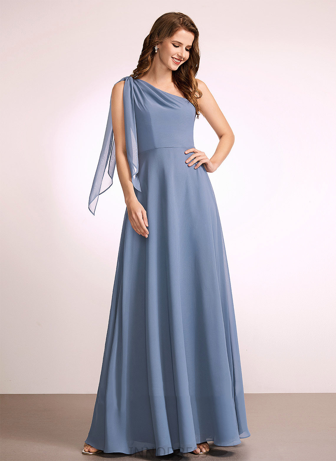 Fabric Floor-Length Neckline Bow(s) One-Shoulder Silhouette Length Embellishment A-Line Lailah High Low V-Neck Bridesmaid Dresses