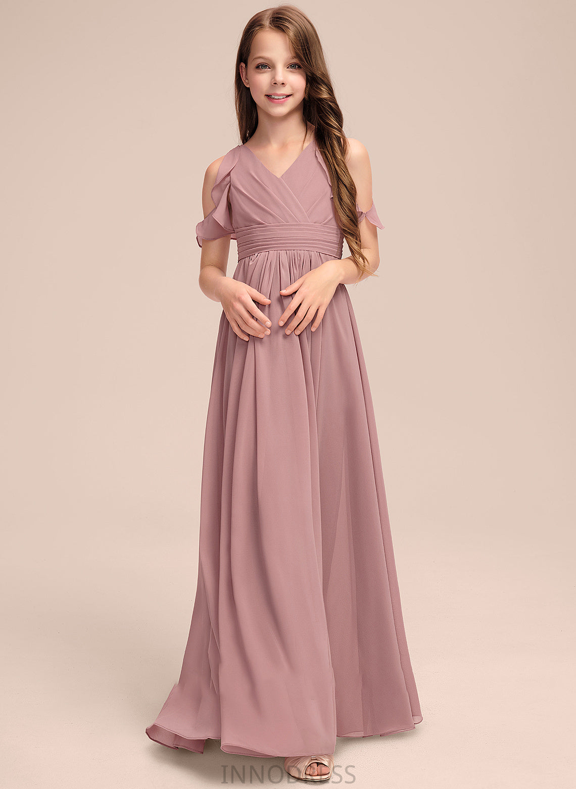 Abigail Cascading V-neck Floor-Length Ruffles Chiffon A-Line With Junior Bridesmaid Dresses