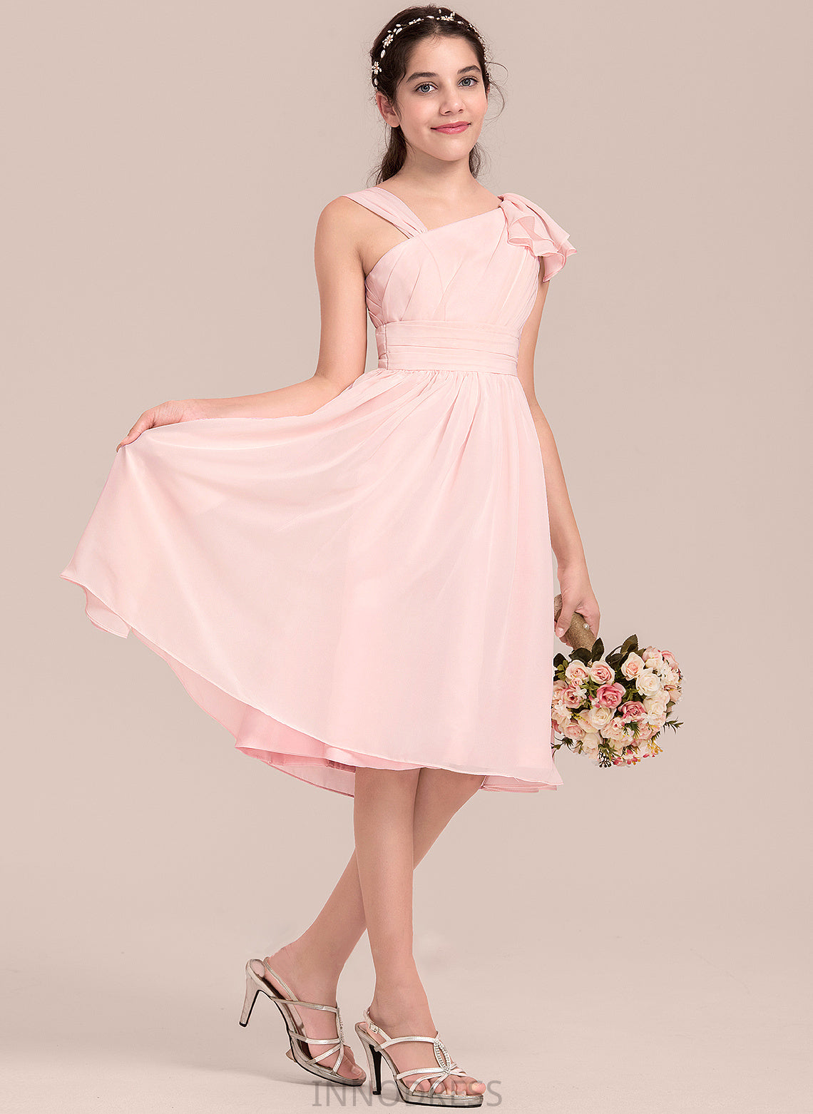 Ruffles Junior Bridesmaid Dresses Chiffon Cascading With V-neck Knee-Length Nathaly A-Line