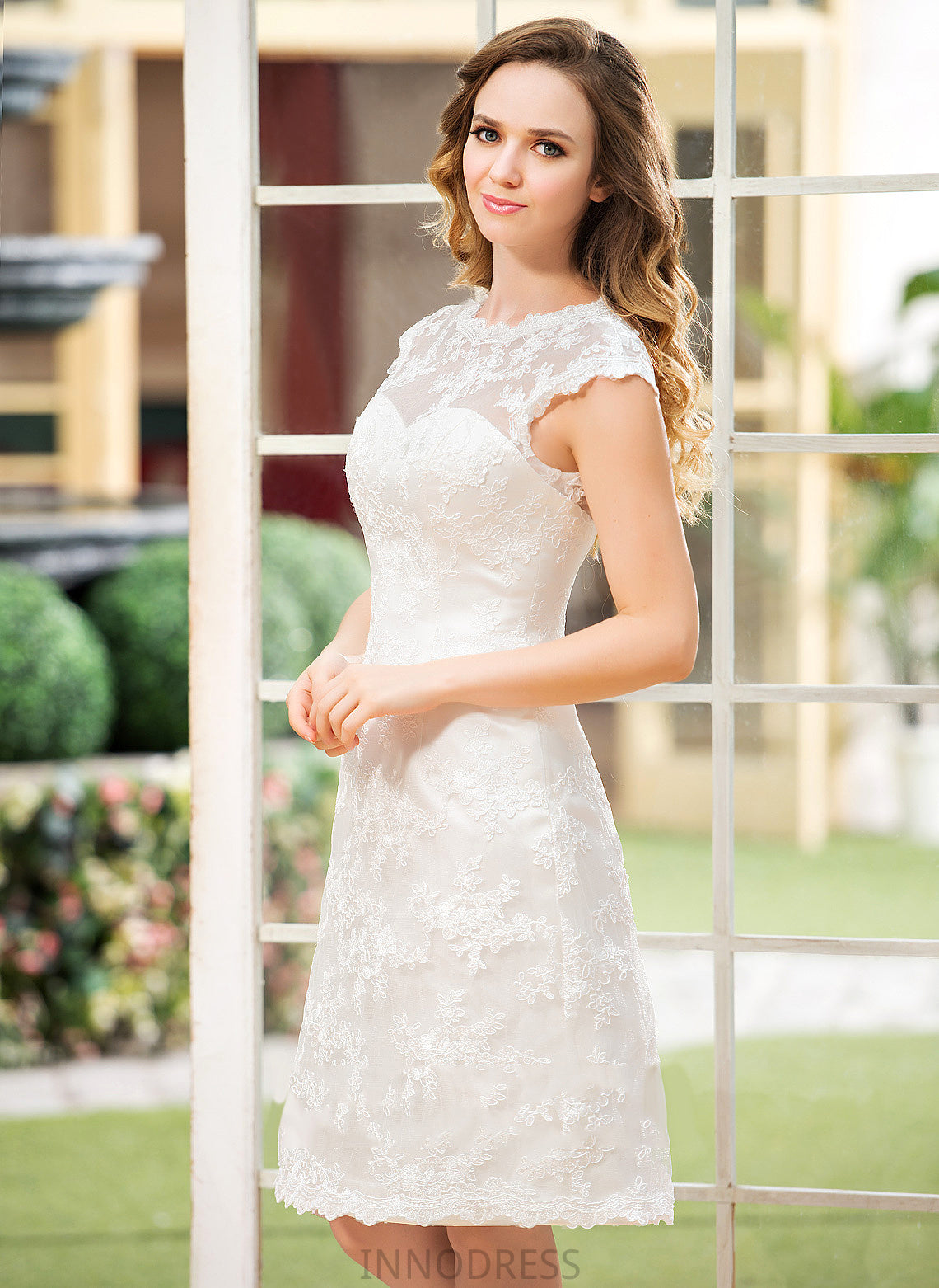 Dress Cristina A-Line Scoop Knee-Length Wedding Satin Lace Neck Wedding Dresses