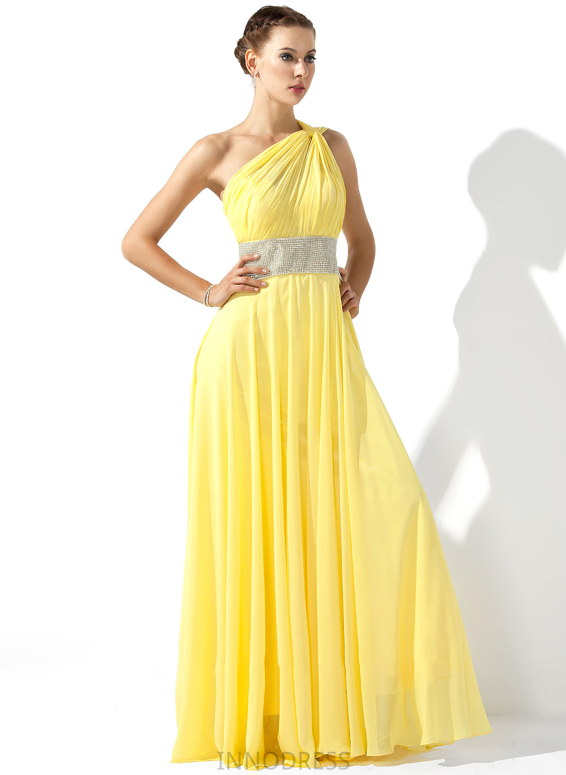 A-Line Beading Floor-Length With Diana Chiffon Prom Dresses One-Shoulder Ruffle