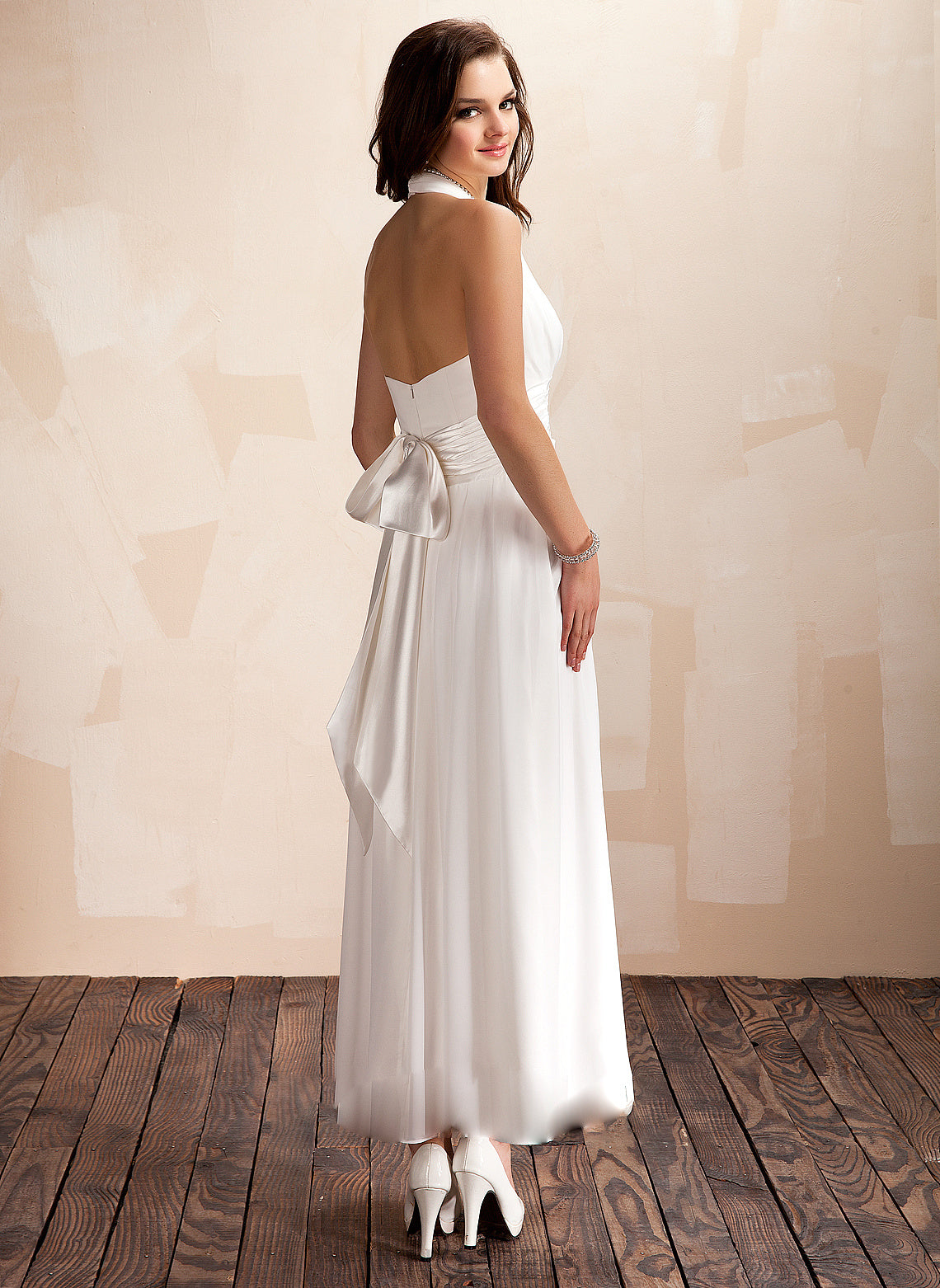 Dress With Bow(s) Halter Wedding Dresses Chiffon Wedding A-Line Kaylee Ankle-Length Ruffle