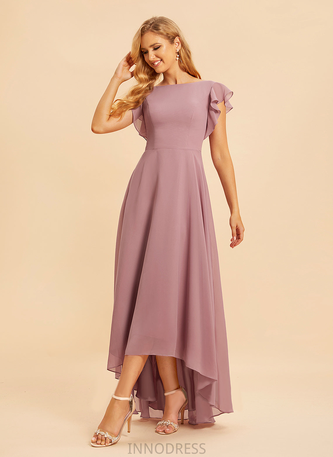 Ruffle Fabric Neckline ScoopNeck A-Line Length Embellishment Silhouette Asymmetrical Viola Floor Length Scoop Bridesmaid Dresses