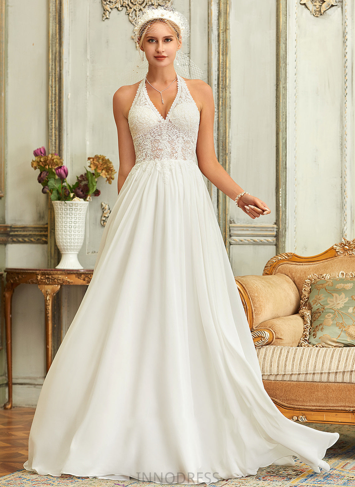 Lace Chiffon Sweep Train Wedding Dresses A-Line Kierra Halter Dress Wedding