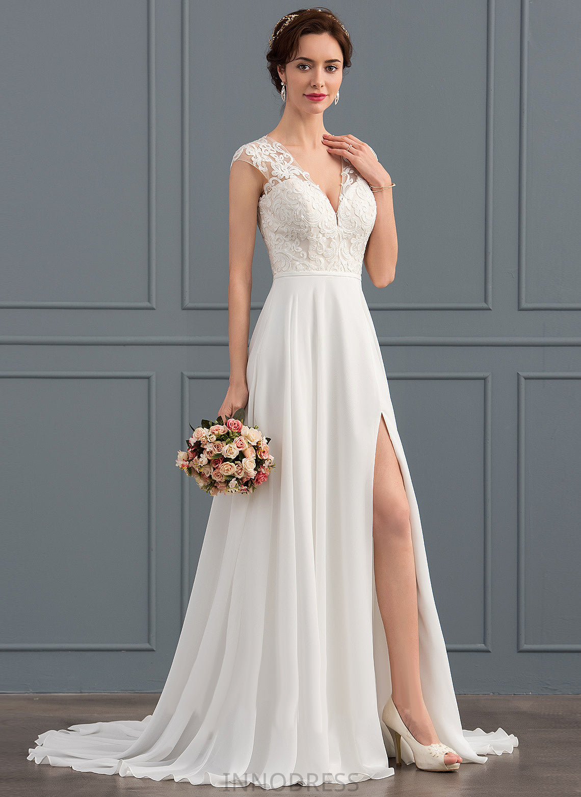 Sweep Wedding Dresses V-neck Split Lace Dress Train Chiffon Front Wedding With Rylie A-Line