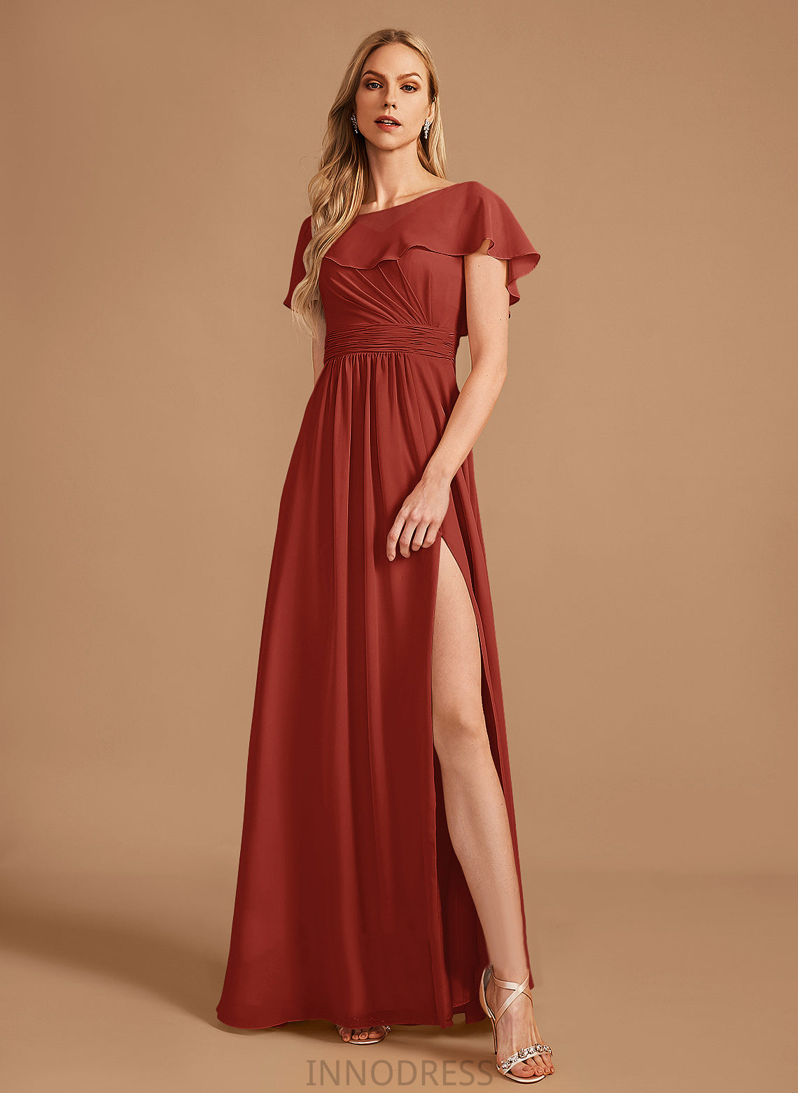 Fabric Neckline Floor-Length SplitFront Embellishment A-Line HighNeck Silhouette Ruffle Length Makena V-Neck Bridesmaid Dresses