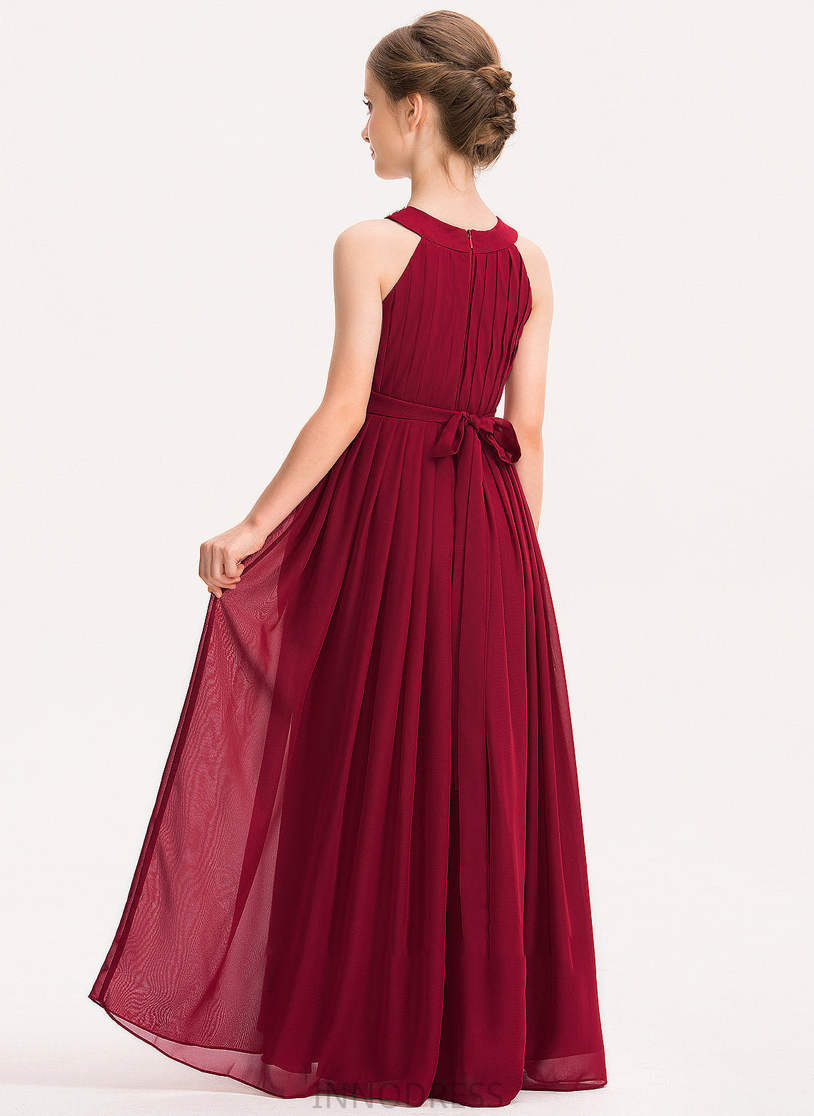 Scoop Beading Ruffle Paris Bow(s) With A-Line Neck Chiffon Junior Bridesmaid Dresses Floor-Length