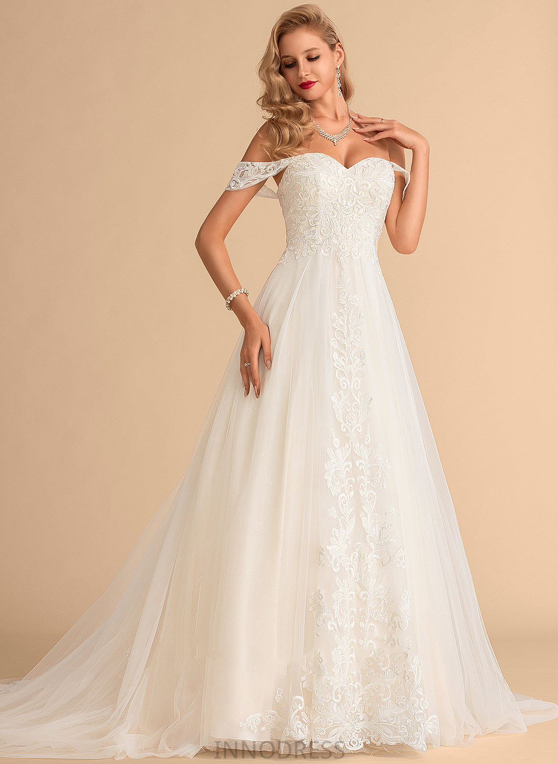 Court Dress With Sequins Wedding Dresses Ball-Gown/Princess Off-the-Shoulder Train Faith Wedding Tulle Lace