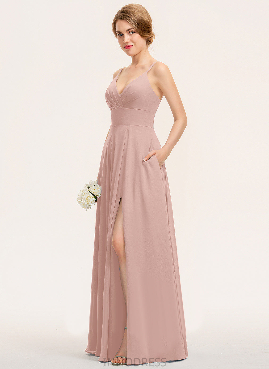 Neckline Embellishment Fabric Pleated Floor-Length Length Silhouette A-Line V-neck India Spaghetti Staps Natural Waist Bridesmaid Dresses