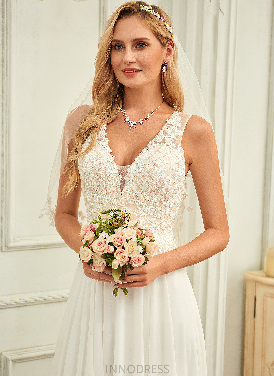 Chiffon Lace Arabella Train A-Line Wedding V-neck With Lace Sweep Wedding Dresses Dress