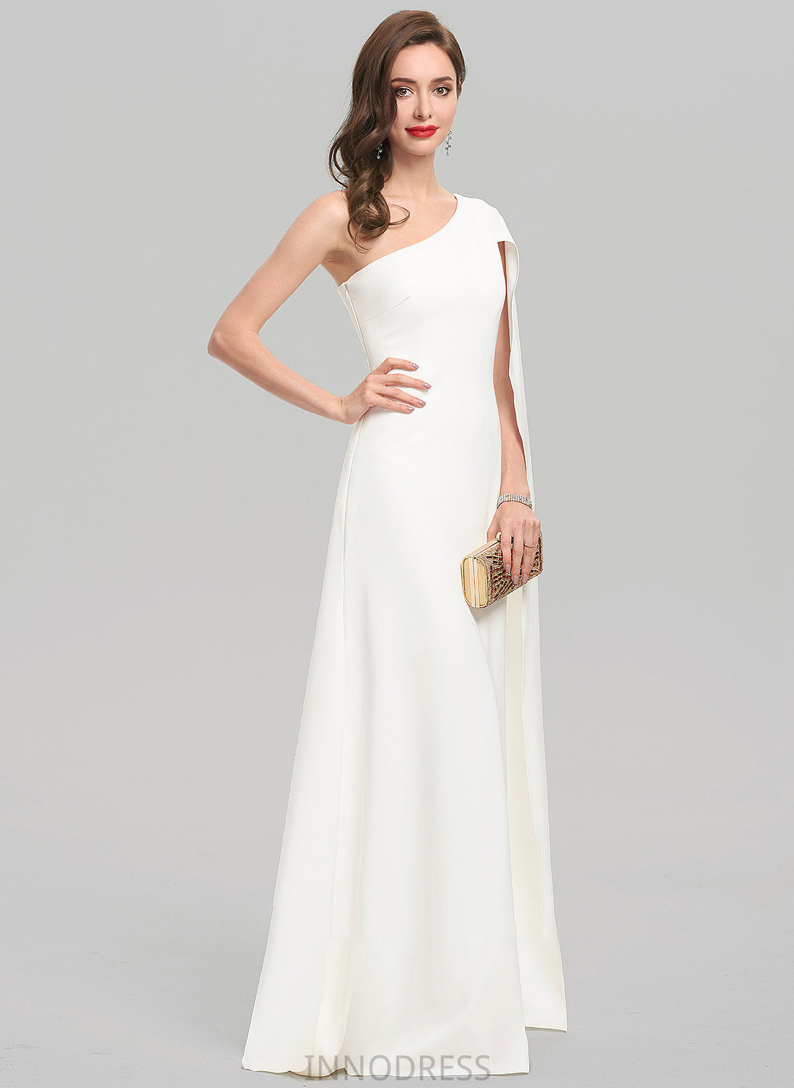 Wedding Dresses Crepe Dress One-Shoulder Floor-Length Marin Stretch Sheath/Column Wedding