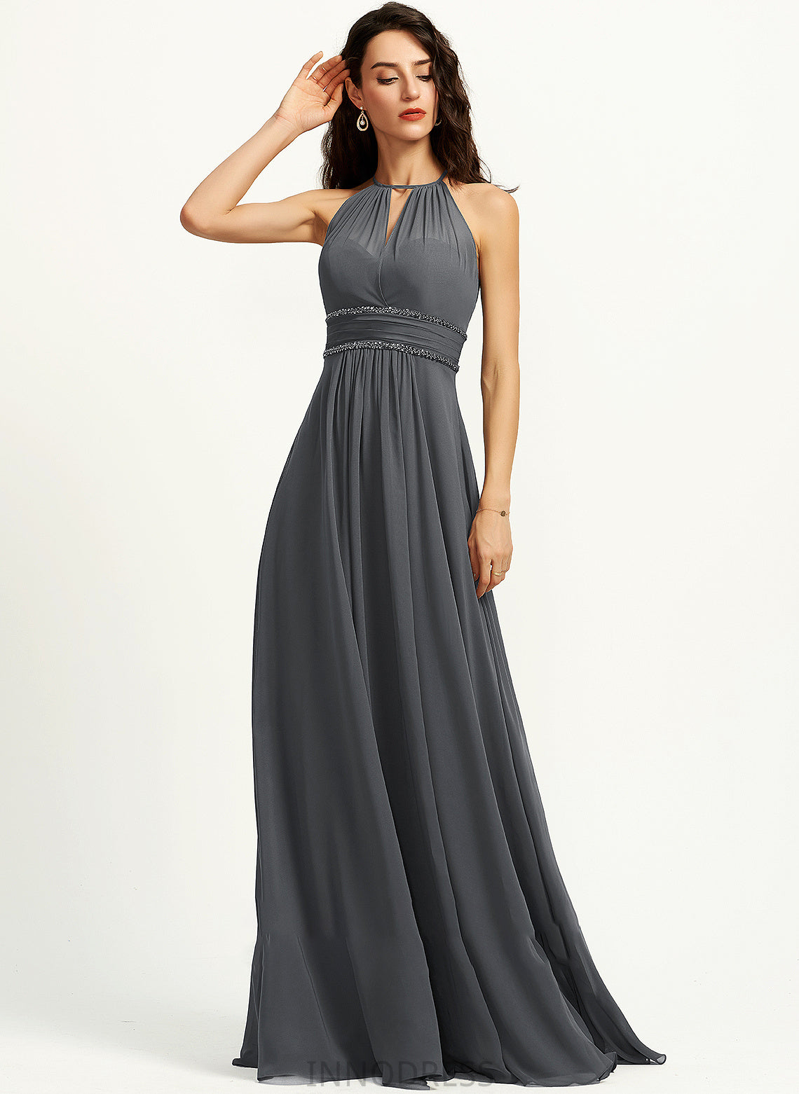 Length Silhouette Floor-Length Embellishment Sequins Fabric Halter Neckline A-Line Ruffle Beading Belinda