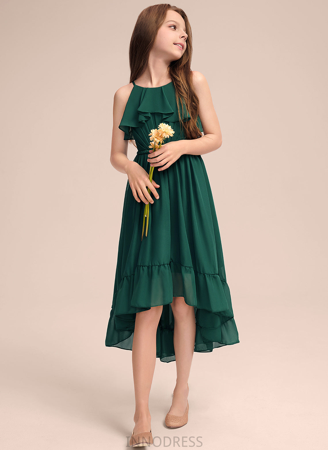 Chiffon Scoop Asymmetrical Junior Bridesmaid Dresses Ruffles Katherine Cascading A-Line Neck With