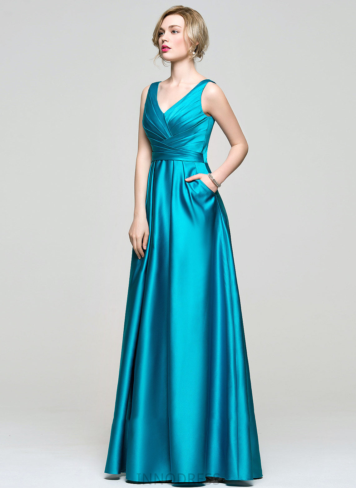 Ball-Gown/Princess Ruffle Pockets Floor-Length Satin Lilian V-neck With Prom Dresses