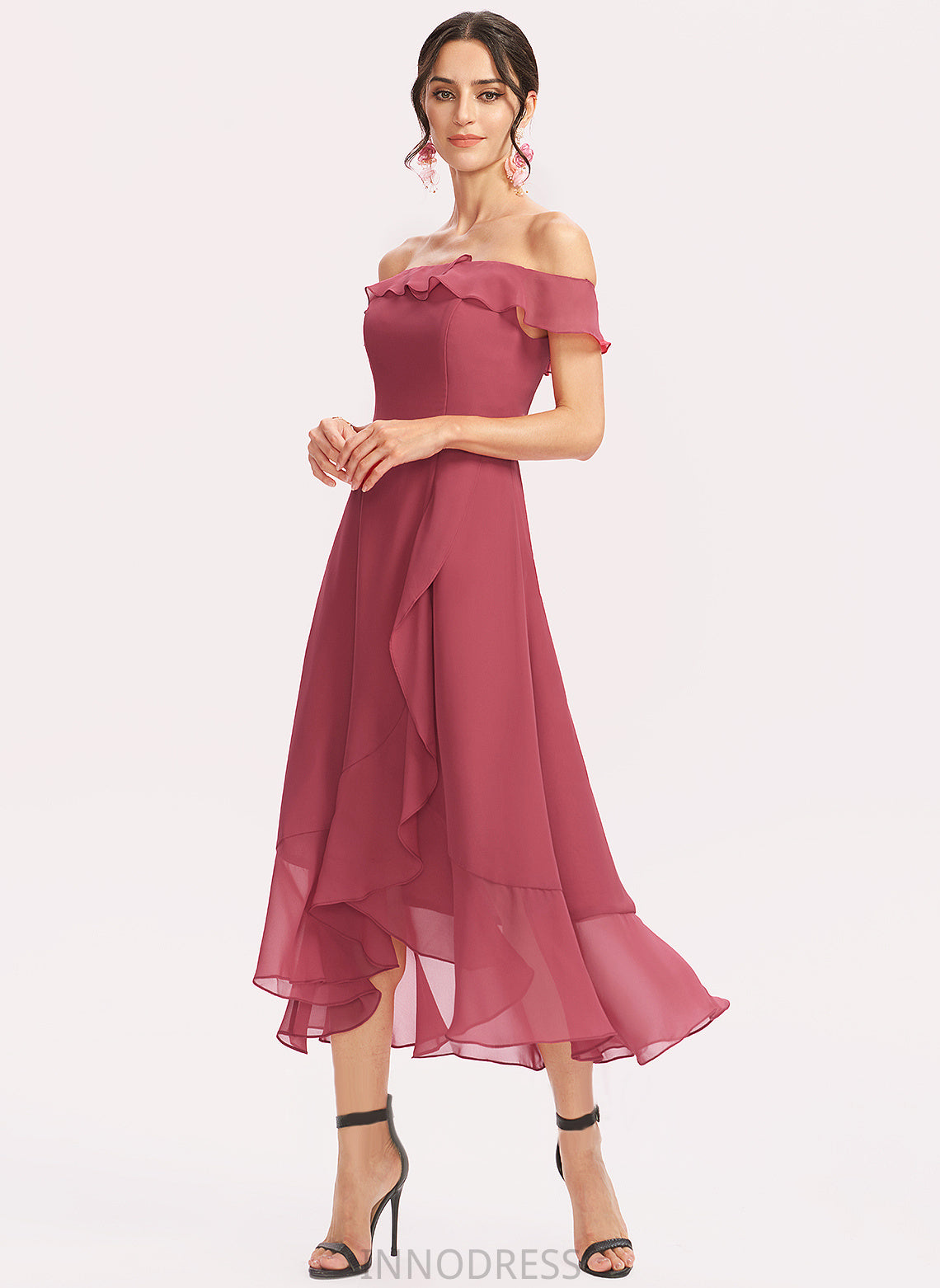 CascadingRuffles Silhouette Neckline Length Off-the-Shoulder Embellishment A-Line Fabric Tea-Length Teagan Sequins Natural Waist Bridesmaid Dresses