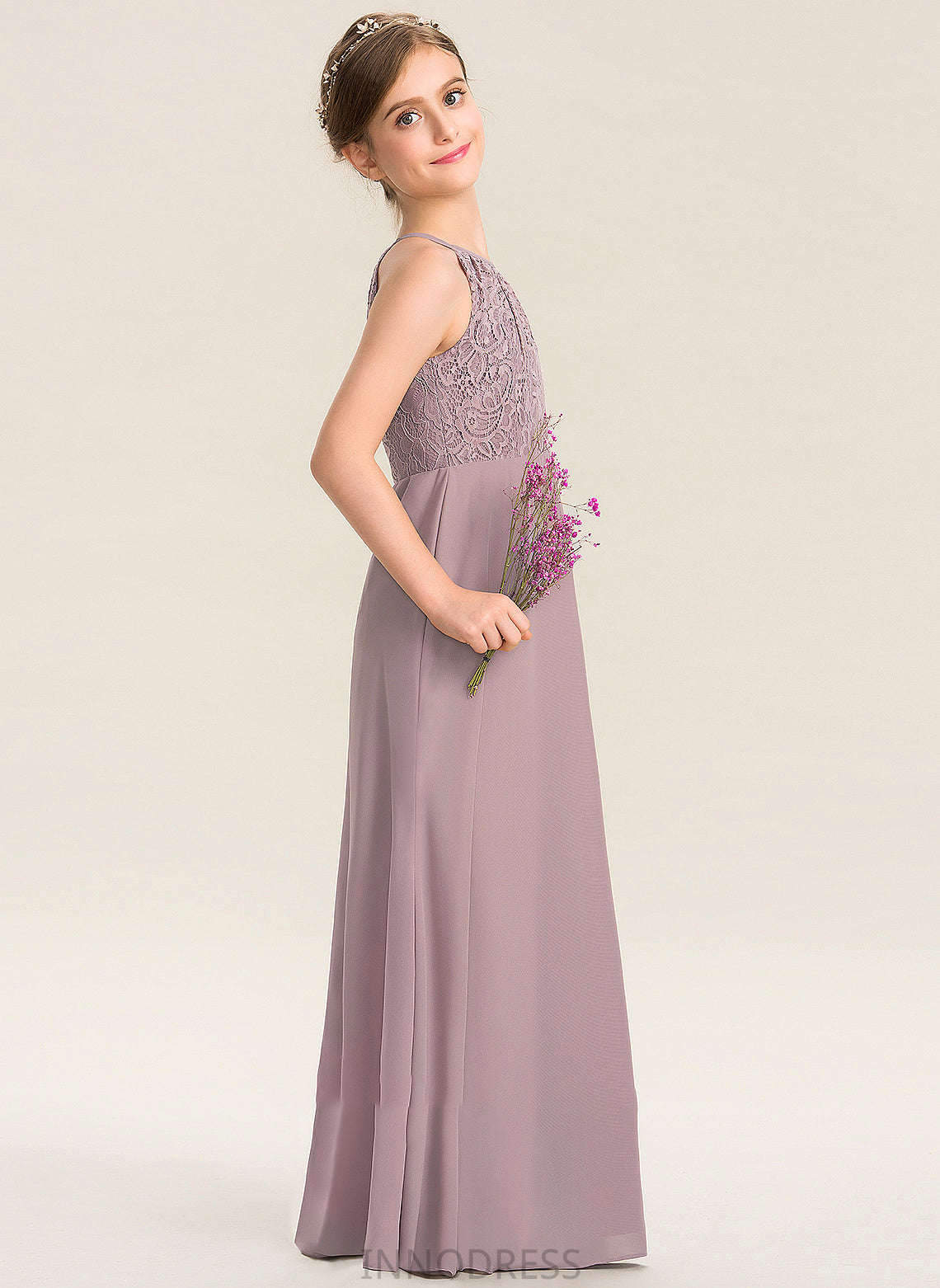 Camila A-LineScoopNeckFloor-LengthChiffonLaceJuniorBridesmaidDressWithRuffle#173272 Junior Bridesmaid Dresses