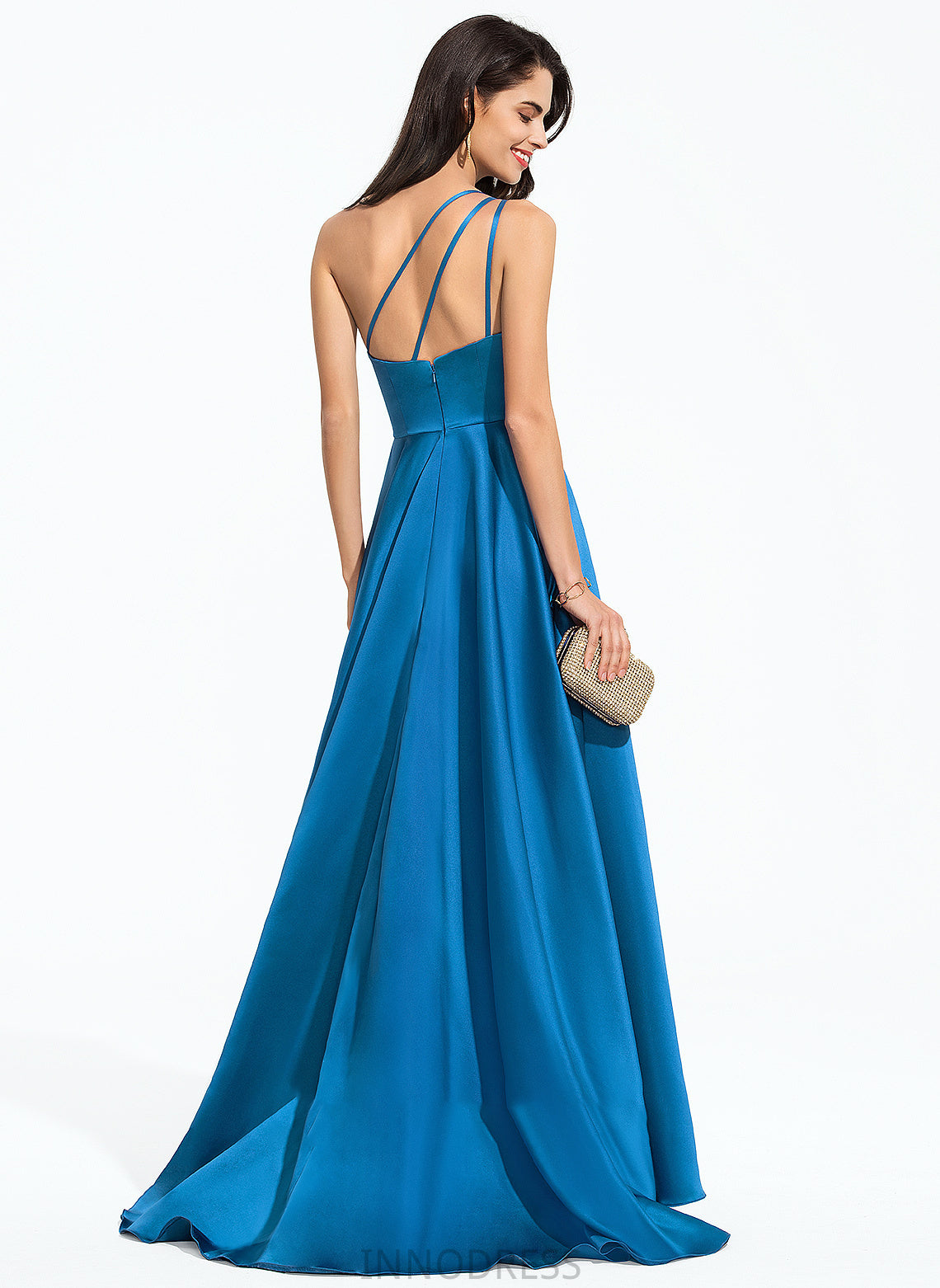 One-Shoulder Satin Train Sweep With A-Line Kaelyn Prom Dresses Split Front