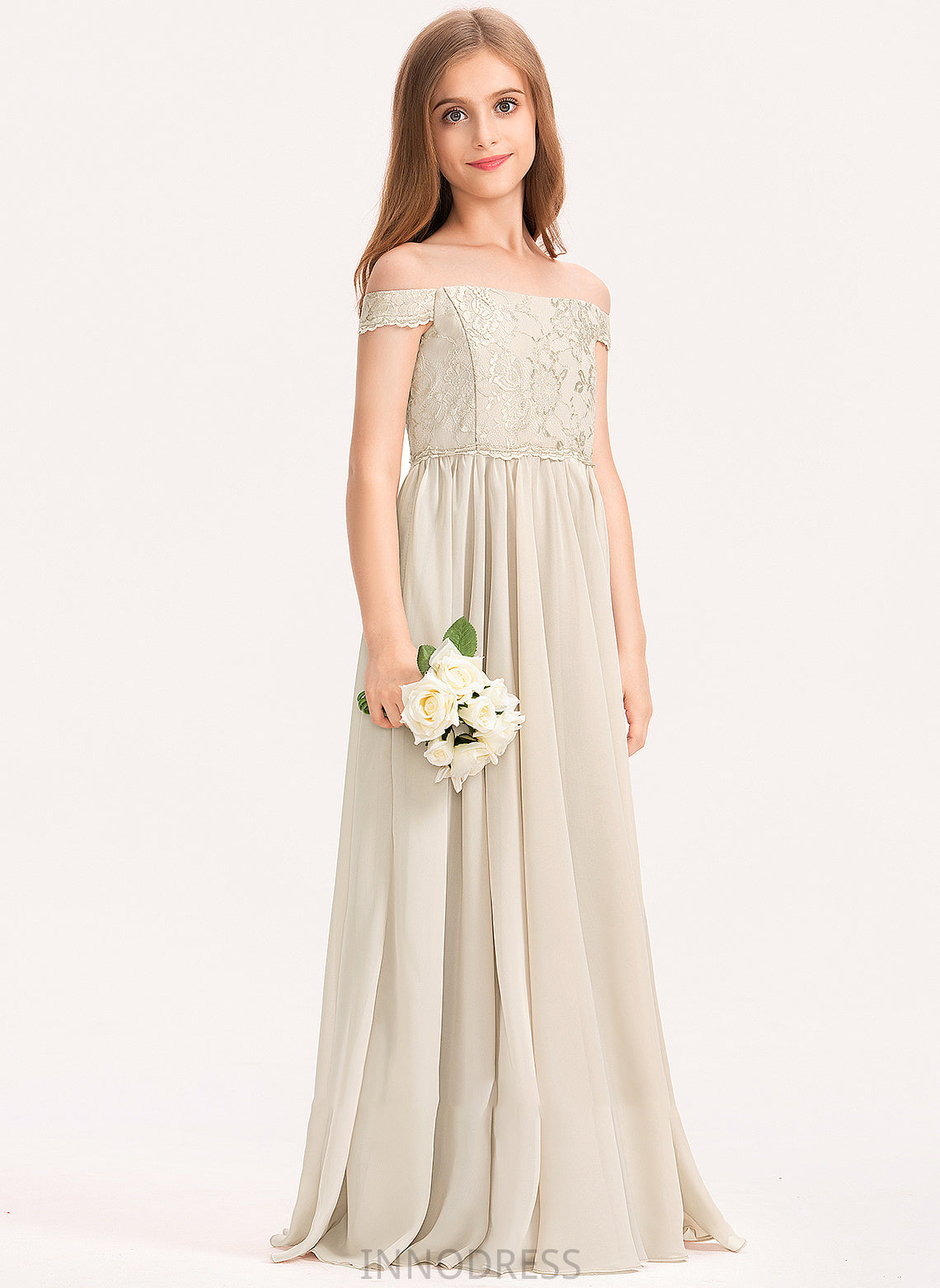 Finley Junior Bridesmaid Dresses Off-the-Shoulder Lace Floor-Length Chiffon A-Line