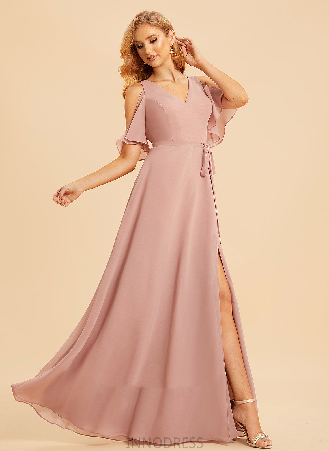 Fabric Silhouette Length Neckline A-Line Floor-Length SplitFront Embellishment V-neck Zaniyah Knee Length Sleeveless Bridesmaid Dresses