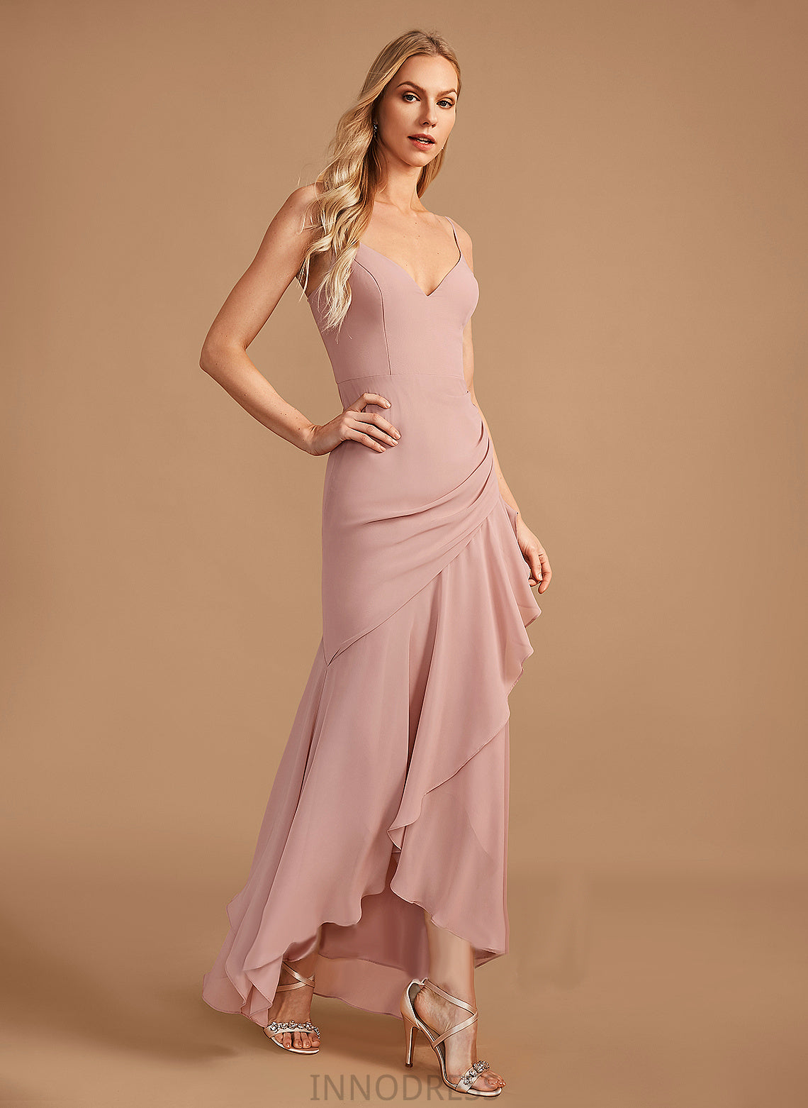 Silhouette Length Embellishment Asymmetrical Ruffle Trumpet/Mermaid V-neck Neckline Fabric Jazlene Natural Waist Floor Length Bridesmaid Dresses