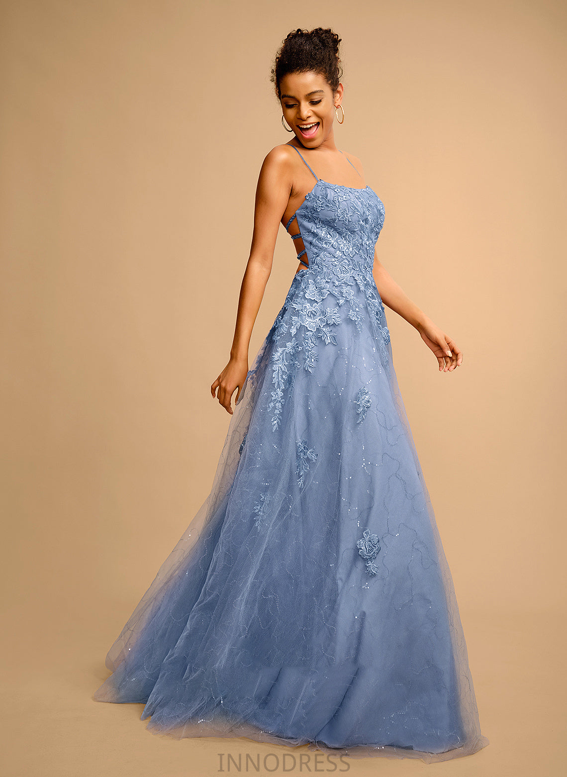 Sequins Aliana Split Tulle Front Square Ball-Gown/Princess Prom Dresses Floor-Length With Neckline