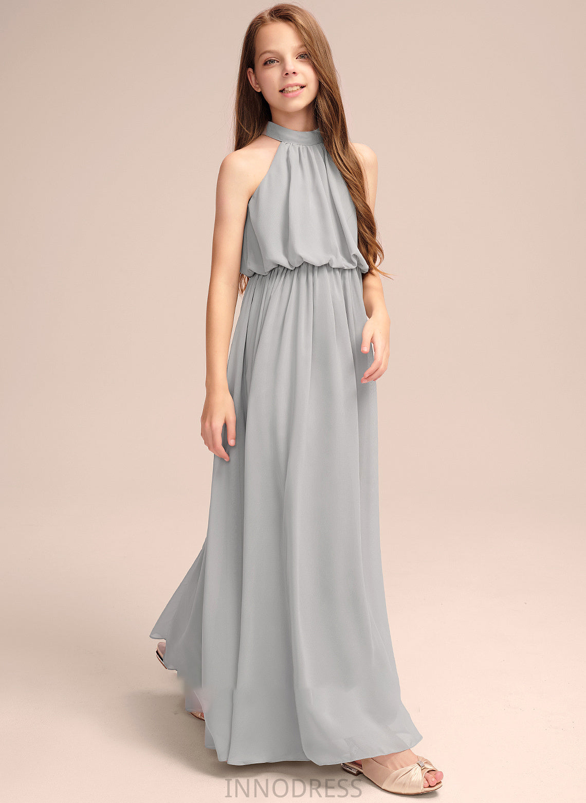 A-Line High Keely Neck Chiffon Junior Bridesmaid Dresses Ruffle With Floor-Length