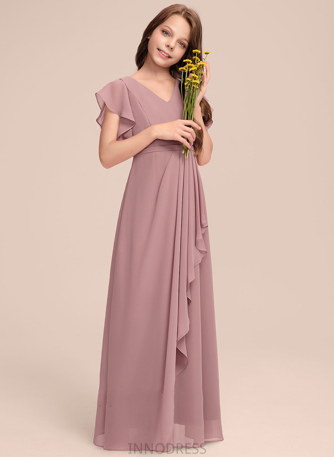 Cascading V-neck With Crystal Floor-Length Ruffles A-Line Junior Bridesmaid Dresses Chiffon