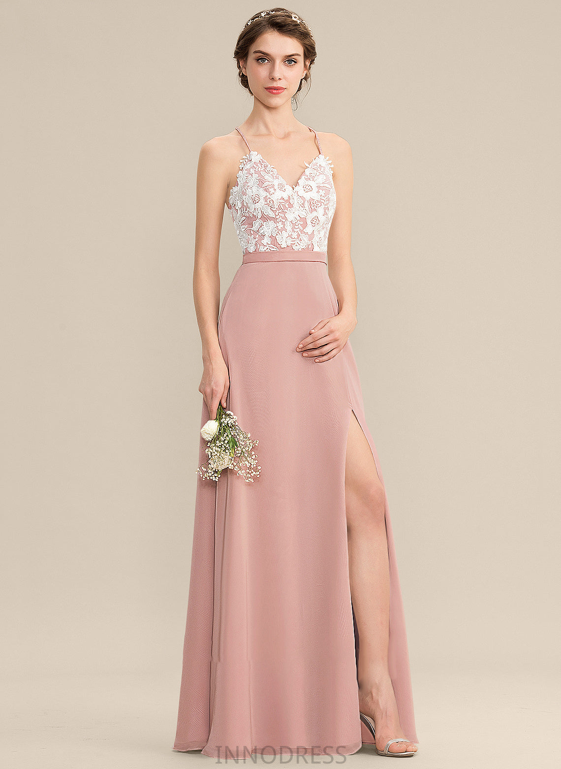 Split Sage Chiffon Prom Dresses A-Line V-neck Floor-Length With Front Lace