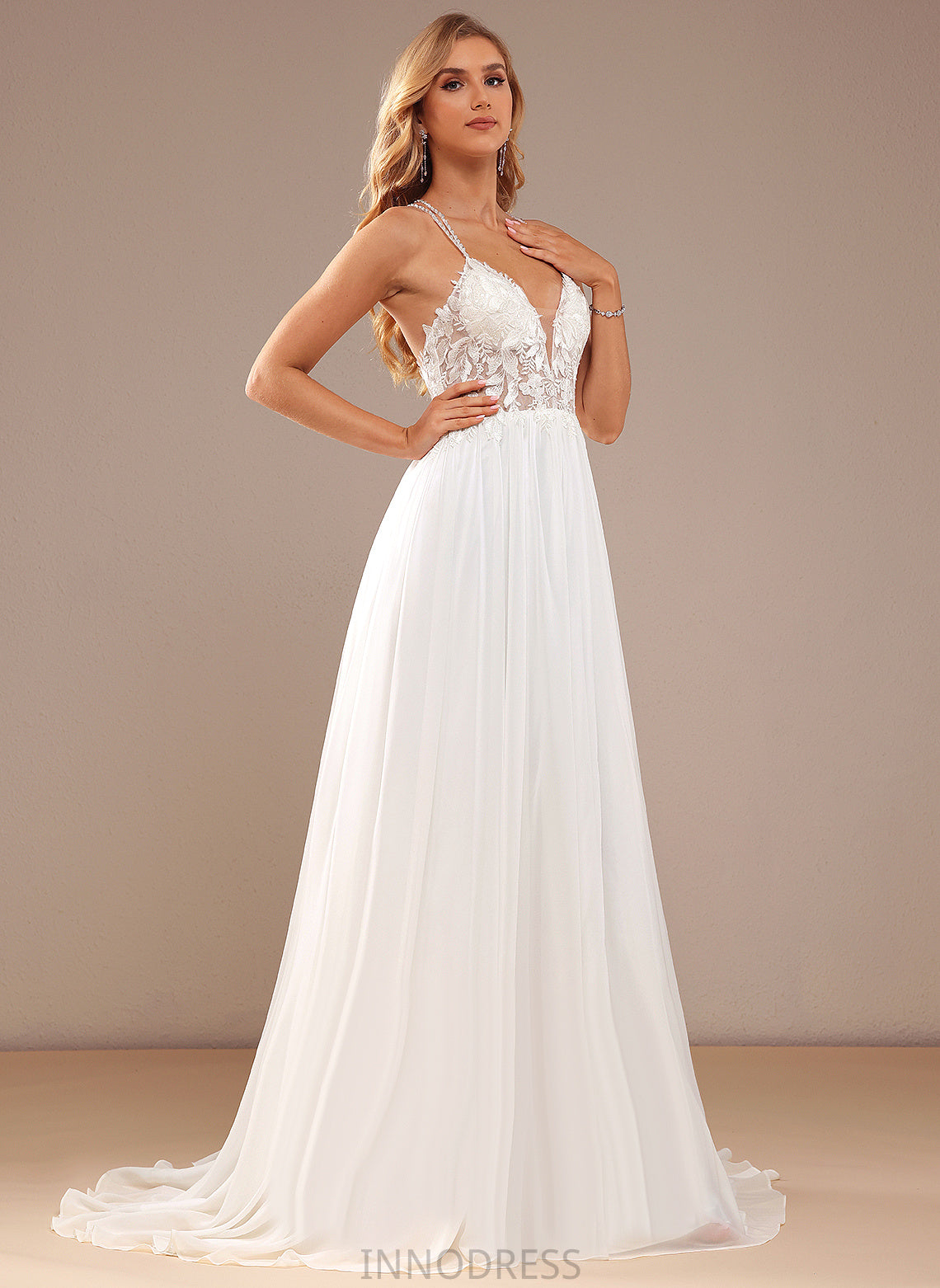 A-Line With Beading Train Sequins Dress Wedding Dresses Sweep Angel Wedding V-neck Lace Chiffon