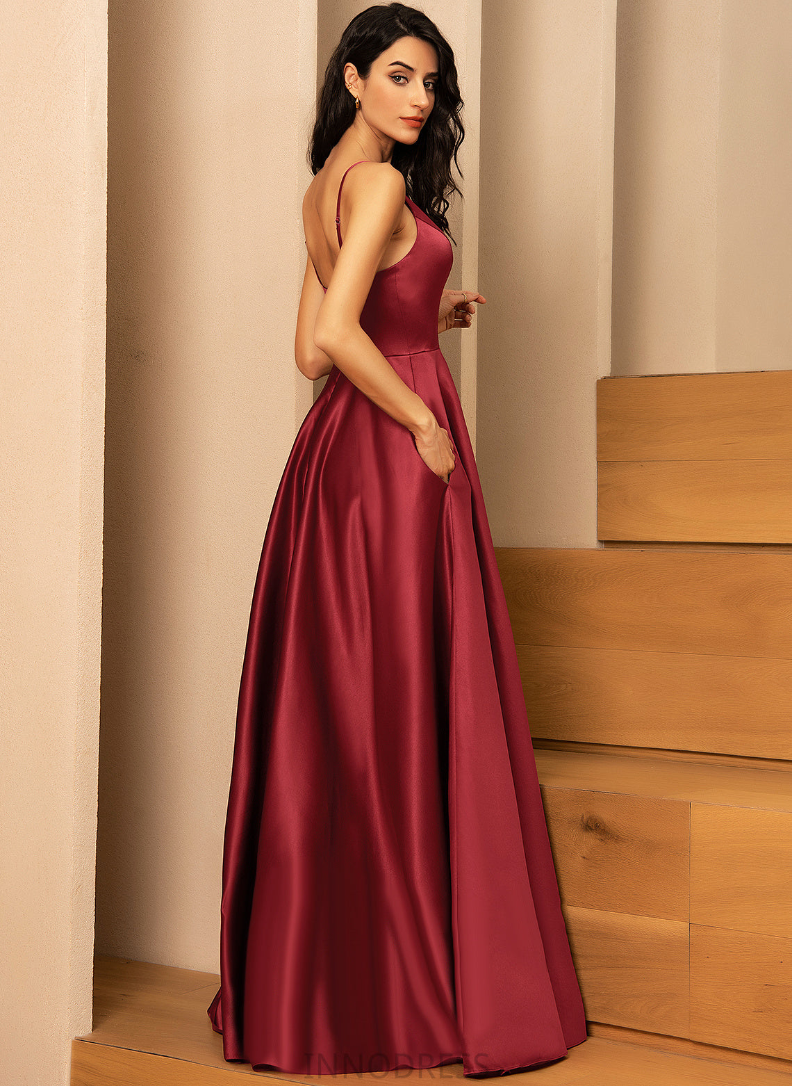 A-Line Fabric Neckline Length Silhouette Straps&Sleeves V-neck Satin Floor-Length Lizbeth A-Line/Princess Natural Waist Bridesmaid Dresses