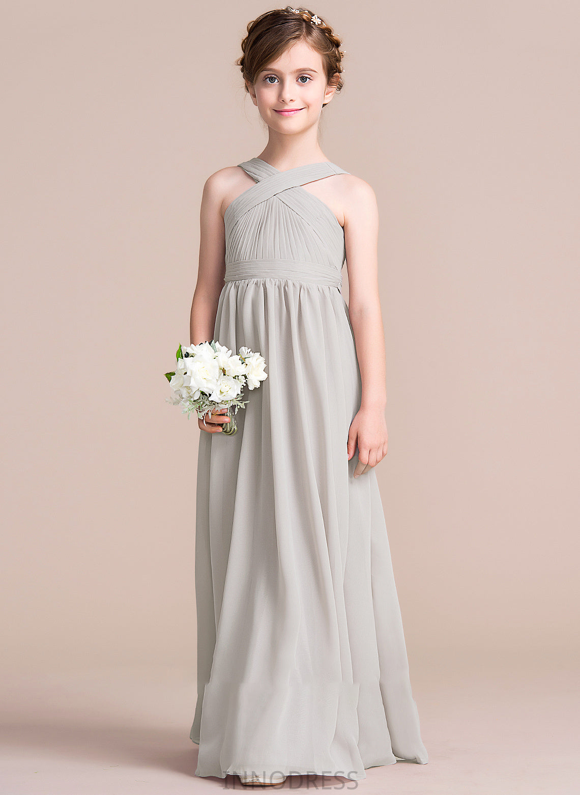 V-neck Ruffle A-Line Amelia With Chiffon Floor-Length Bow(s) Junior Bridesmaid Dresses