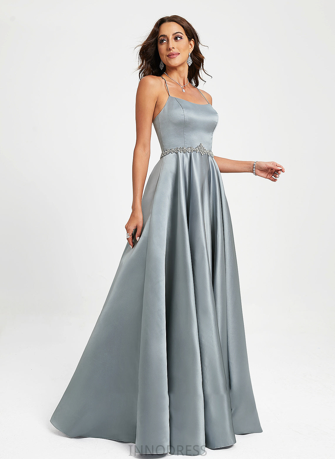 Neck A-Line Satin With Floor-Length Scoop Prom Dresses Beading Liana