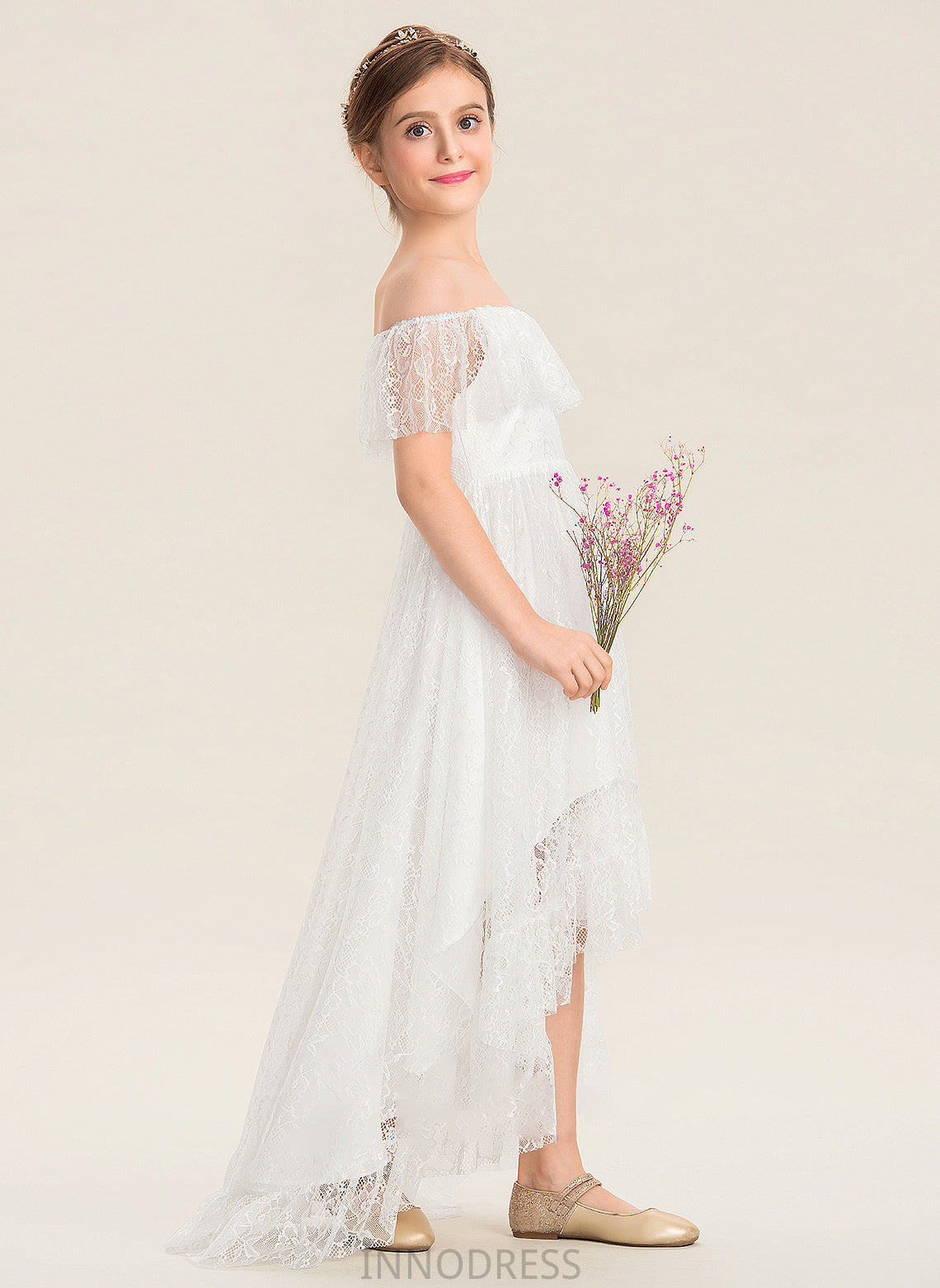 Off-the-Shoulder Junior Bridesmaid Dresses Briley Lace A-Line Asymmetrical