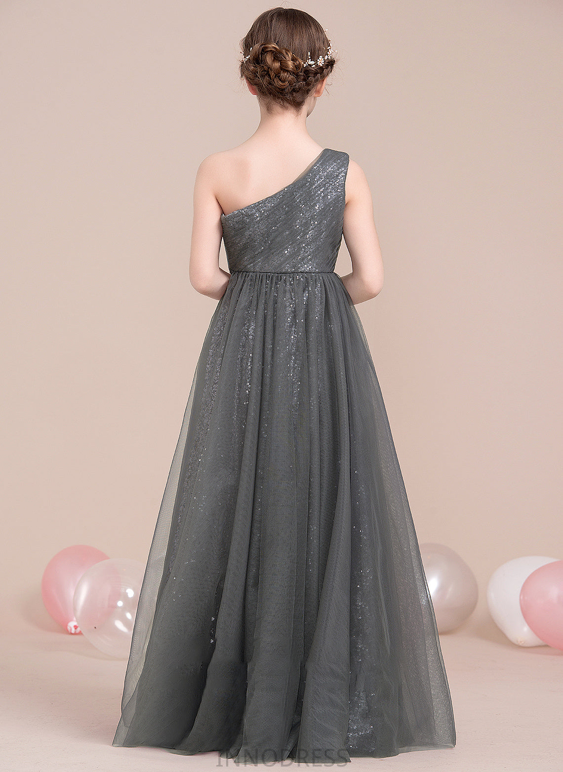 A-Line With Ruffle One-Shoulder Tulle Junior Bridesmaid Dresses Sequined Floor-Length Luna